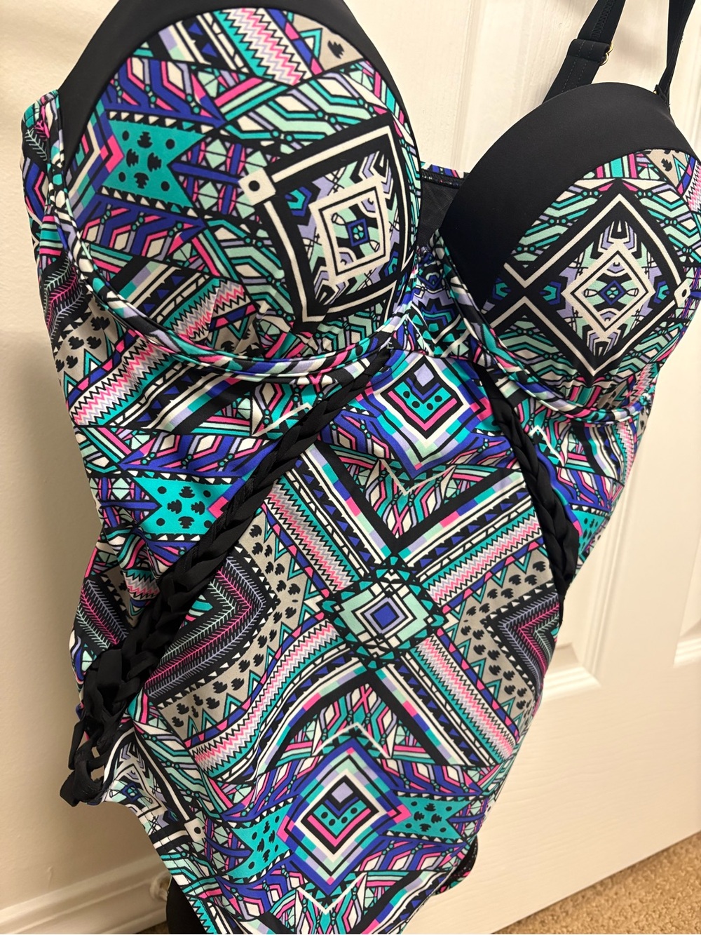 Swimsuits For All Black One-Piece with Multicolor Geometric Trim